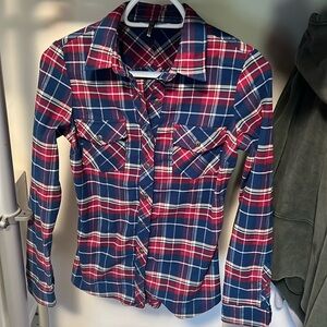 Kuhl Greta Flannel Shirt Blue Red Plaid Long Sleeve Pockets Stretch Women's XS
